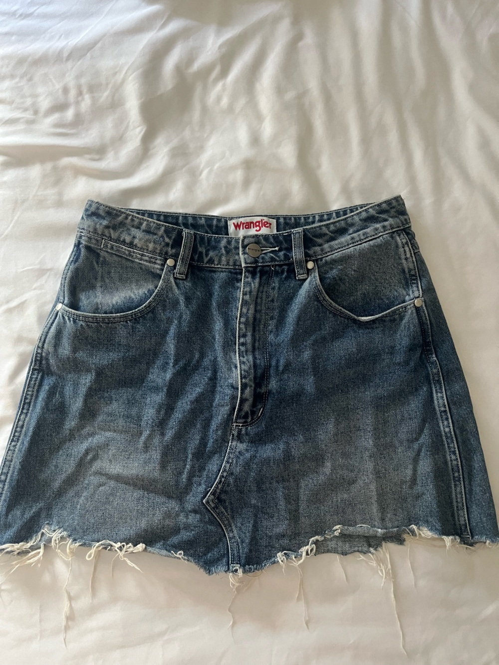 Wrangler Blue Denim Mini Skirt with Frayed Hem